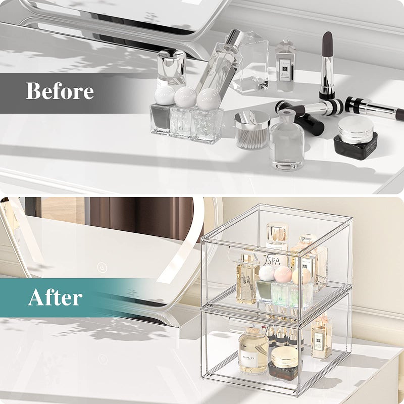 SpaceHacks 4 Pack Stackable Makeup Organizer and Storage, Acrylic Organizers,Clear Plastic Storage Drawer with Handles for Vanity, Undersink, Kitchen Cabinets, Pantry - Image 4